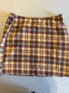 SHEIN Brown, Cream & Blue Plaid Mini Skirt
